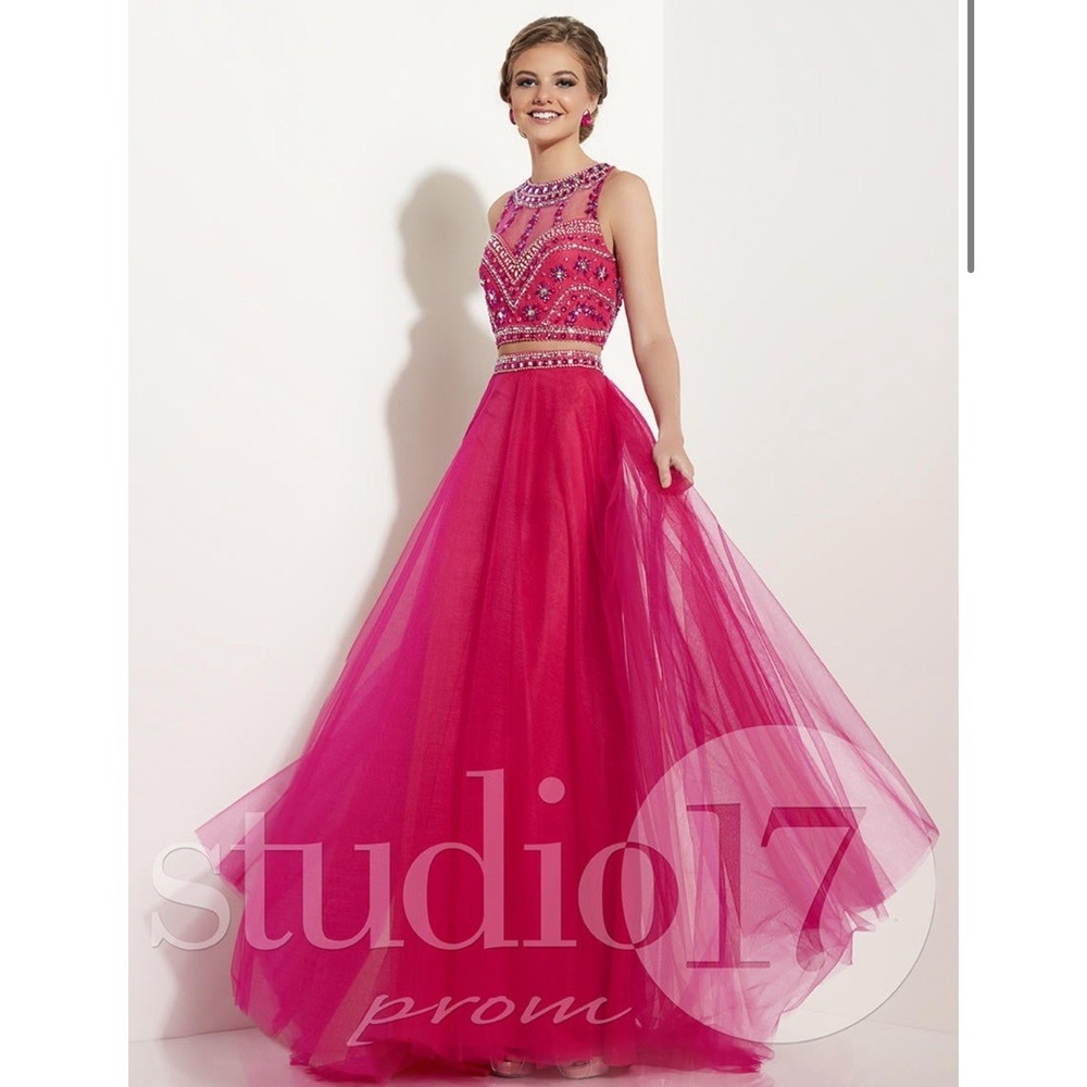 Studio 17 12635 Fuchsia Beaded Crop Top Ball Gown‎ — Size 6, NWT